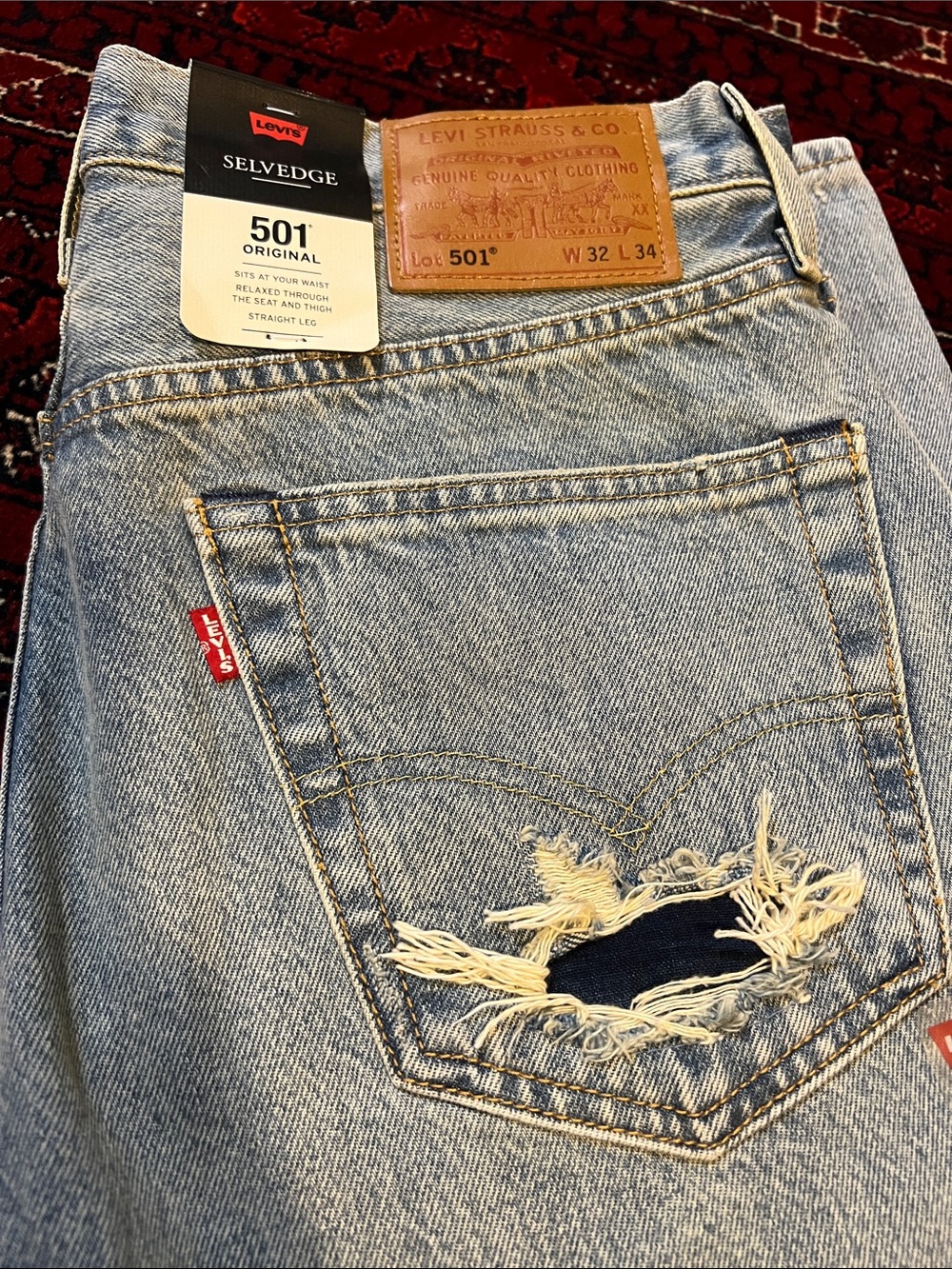 Men’s Levi's Light Blue Straight Selvedge Jeans with Distressed Back Pocket